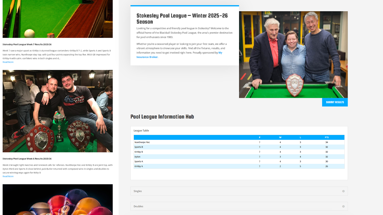 Blue Bee Dog Grooming Website Design | John Corner Stokesley Pool League – Website Development & Live Stats System